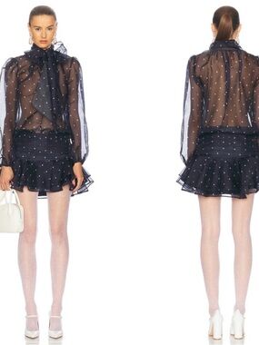 RETROFETE Beatrice Polkadot Long Sleeve Silk Ruffle Blue Mini Dress Size XXL